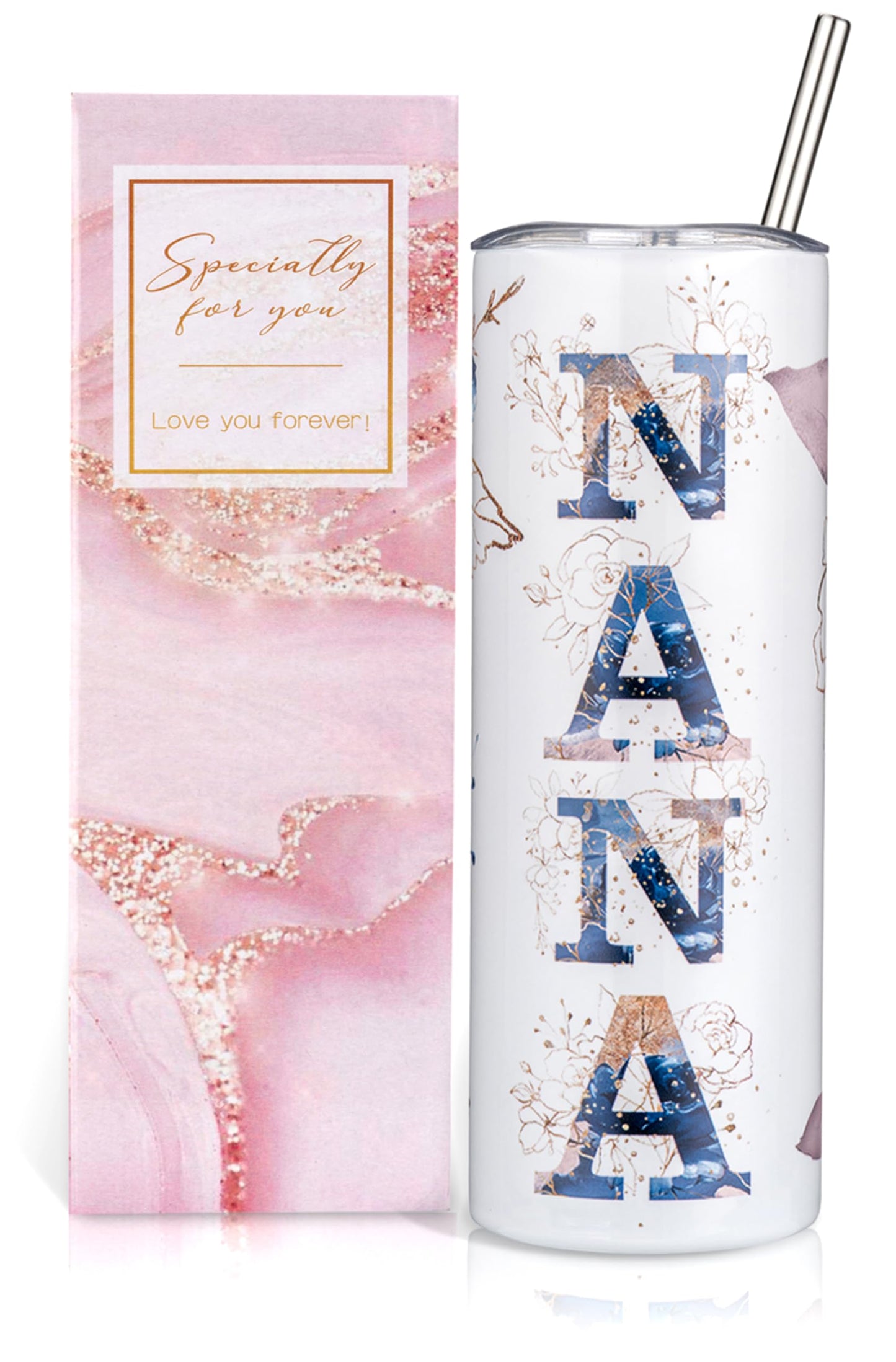 GloxwRiyt Nana Gifts for Grandma From Grandchildren, Birthday Christmas Gifts For Nana from Grandson Granddaughter, 20oz Floral Stainless Steel Tumbler with Lid (NANA)