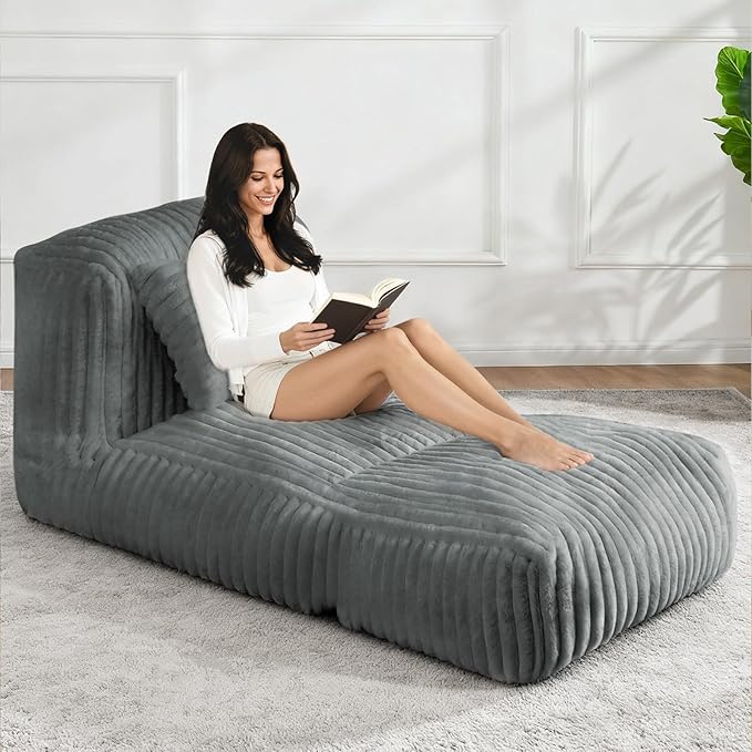 Giant Bean Bag Lounger Sofa with Pillow, Large Beanbag Chair for Adults, Oversized Comfy Beanbag Lazy Floor Sofa, Bean Bag Couch with Memory Foam Filled for Living Room, Bedroom, Gray