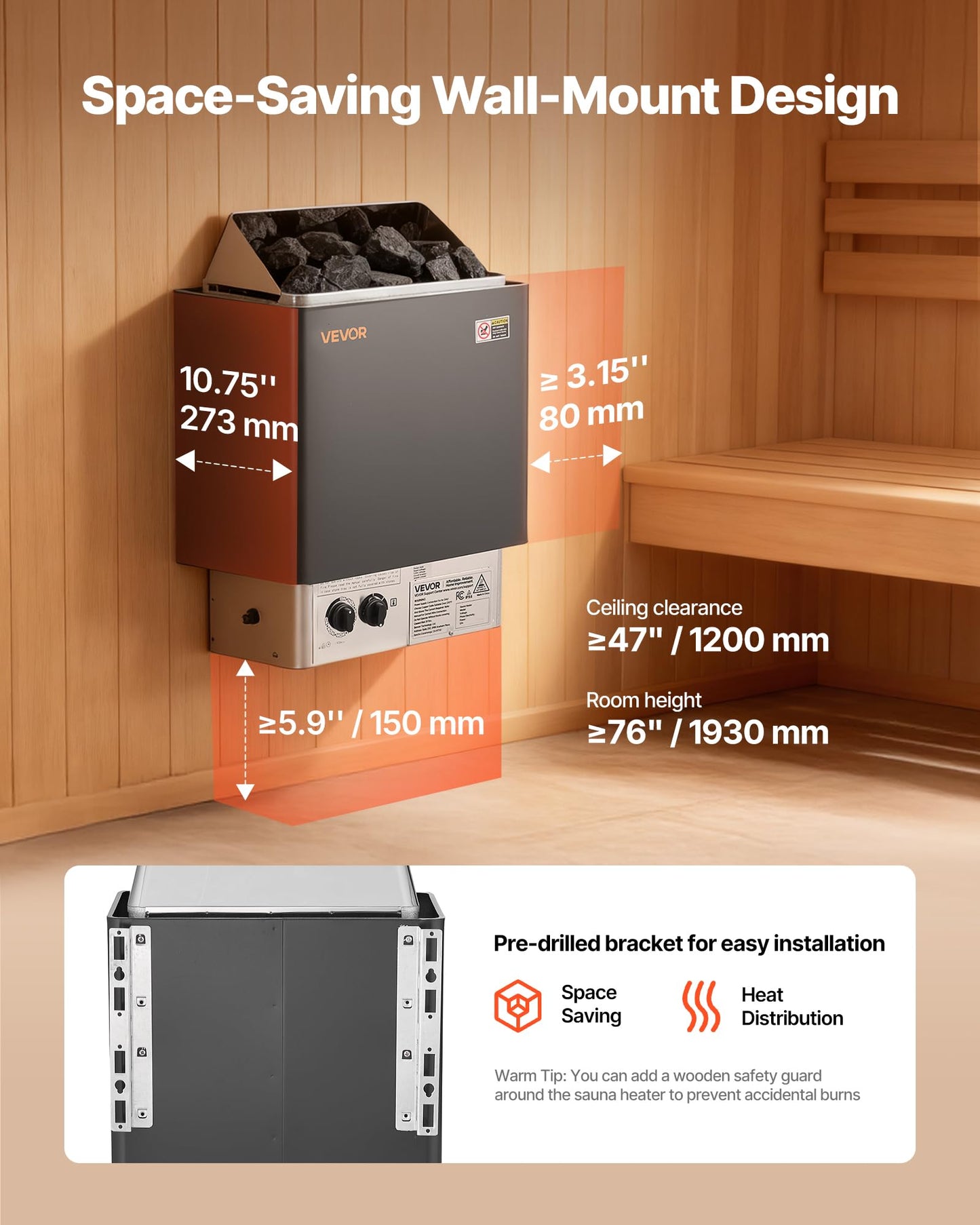 VEVOR Sauna Heater, 2KW AC 120V Electric Sauna Stove, Dry Steam Bath Saunas Stove with Pre-Drilled Bracket, Fit 52.9 to 88.2 CU.FT Saunas Rooms, Steam Bath Stoves for Home, Commercial, Leisure Venues