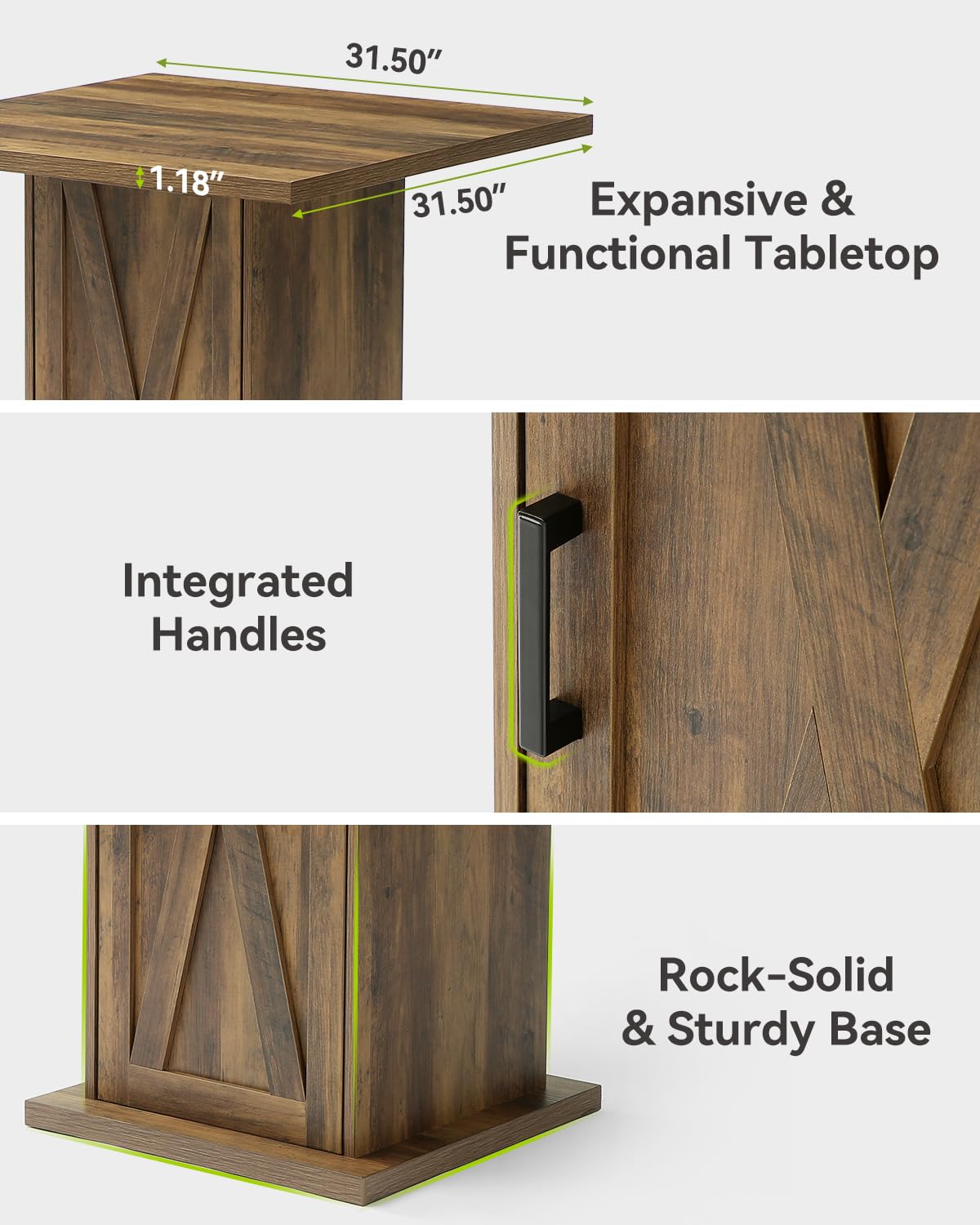 LITTLE TREE Bar Table with Storage Cabinet, 39.4" H Square High Top Pub Table, Wood Bistro Cocktail Table, Farmhouse Design with 3-Tier Cabinet for Pub, Bistro, Bar, Coffee, Dining Rustic Brown