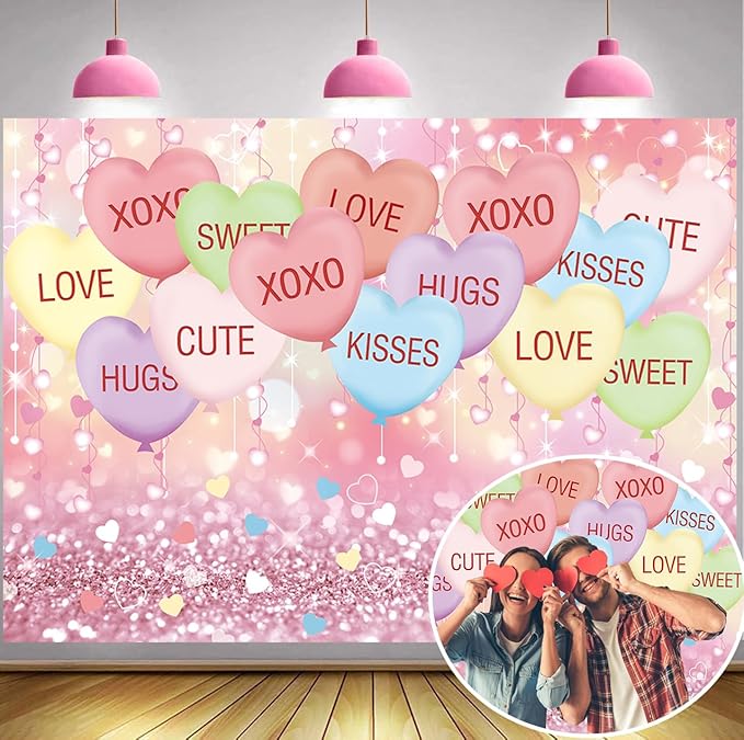 Valentines Backdrop 7x5FT Sweethearts Candy Conversation Hearts Party Decorations Sweet Heart Valentines Background for Ho...
