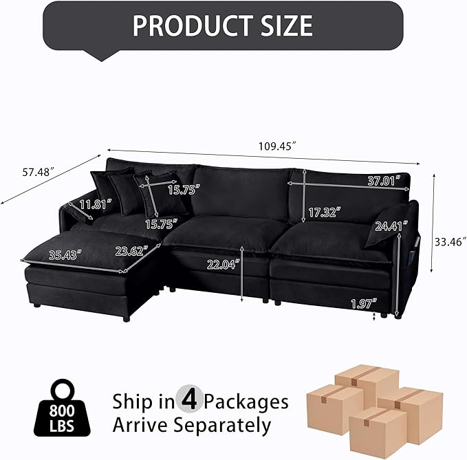 RENDGO 109" Modular Sectional Sofa with 1 Ottoman, Chenille Cloud Couch for Living Room & Apartment, Deep Seat Comfort, Flexible L-Shape Combination Sofa for Home & Office,Black