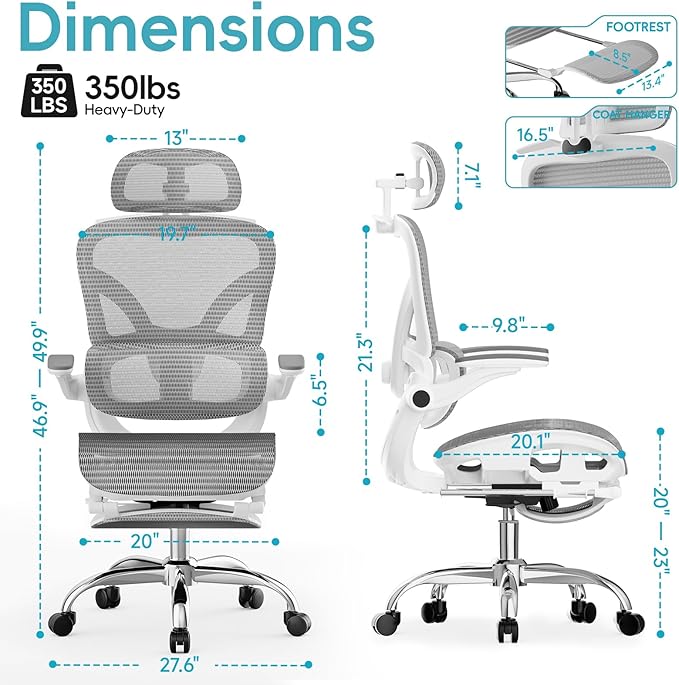 Alllion Ergonomic Mesh Office Chair, Home Desk Chair Comfy High Back with Adjustable Lumbar Support, 3D Headrest, Flip-up Arms, Big and Tall Reclining Computer Gaming Chairs for Men Women, Grey