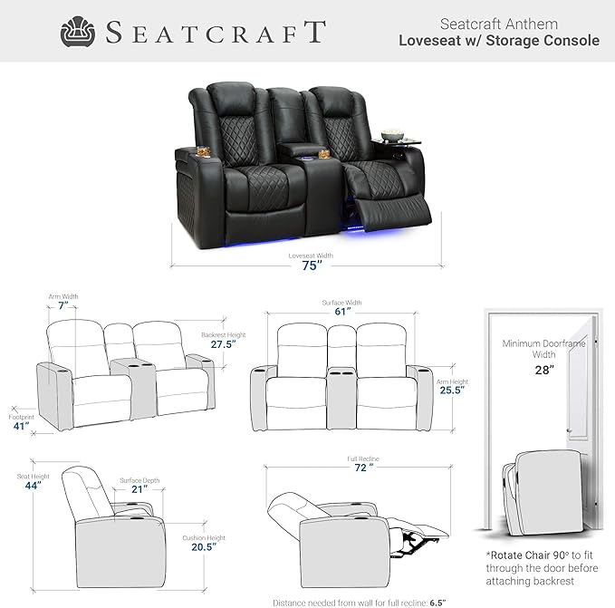 Seatcraft Anthem Italian Leather Sofa w/Fold-Down Table & Loveseat w/Storage Console, Living Room, Power Headrest, Power Recline, Black