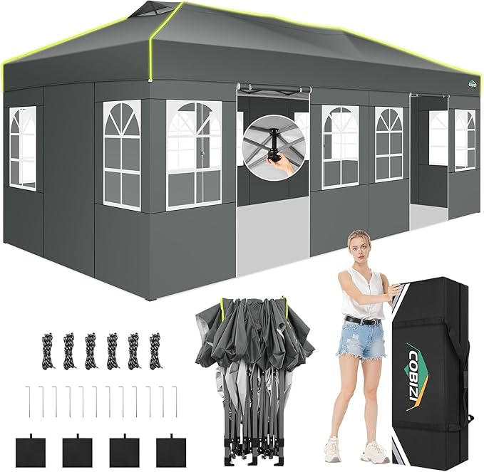 COBIZI 10x20 Pop Up Canopy Tent, Outdoor Party Tent with 6 Sidewall One Push Setup Glow, 3 Adjustable Height Air Vent Wate...