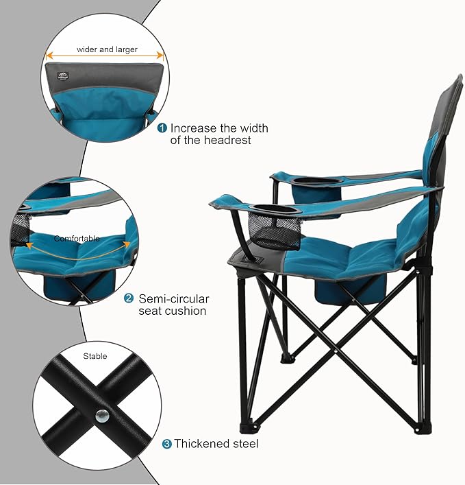 LANMOUNTAIN Oversized Folding Camping Chair,Heavy Duty Padded Portable Lawn Chair w/Extra Large Cup Holder,Side Pocket for Adults Outdoor Sports Hiking Beach Garden Picnic,Blue