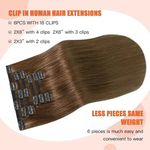 UGOTRAYS Light Brown Hair Extensions Clip in Human Hair 16 Inch 120g 7pcs Remy Hair Silky Straight 16clips One Pack for Women #6 Chestnut Brown Hair Extensions