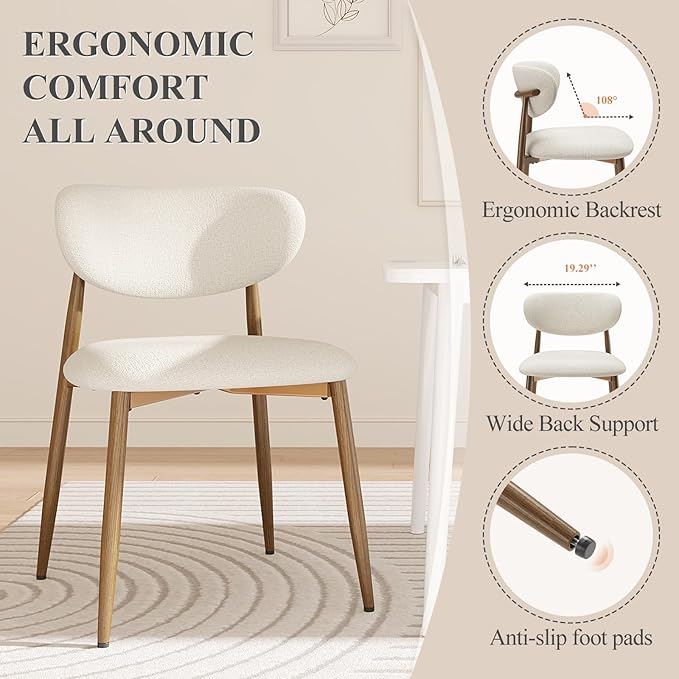 MALOL Dining Chairs Set of 6, Upholstered Dining Room Chairs with Metal Legs and Anti Slip Pads, Curved Back Kitchen Chair for Home and Restaurant Use, Beige