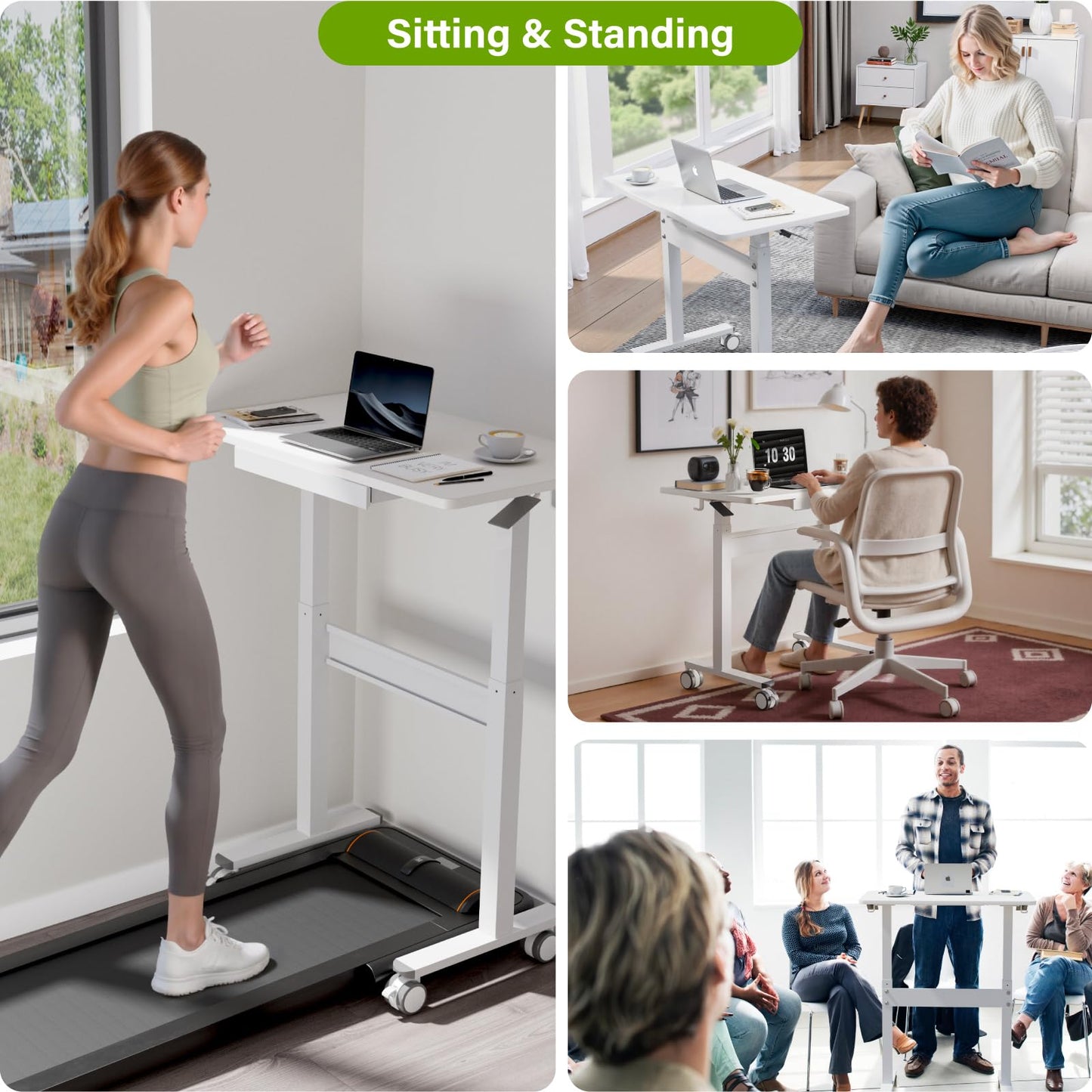 DAWNYIELD Standing Desk for Walking Pad with Wheels, Pneumatic Cordless Height Adjustable Rolling Desk, Mobile Computer Workstation with Drawer Hook Locking Casters for Treadmill & Home Office, White