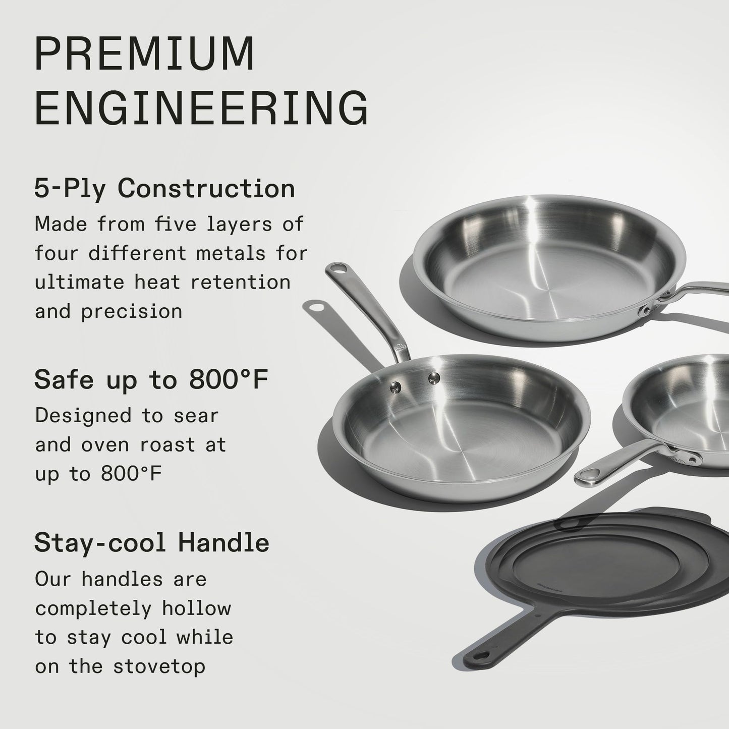 Made In Cookware | 3-Piece Stainless Clad Frying Pan Set with Universal Silicone Lid | 5 Ply Stainless Clad | Professional Cookware | Crafted in Italy | Induction Compatible