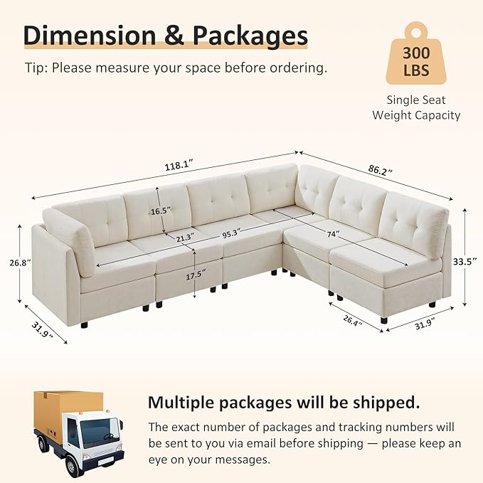 VANOMi 6 Seater Sectional Couches for Living Room, 118" Convertible Modular Cloud Sofa, Comfy Chenille Sofas & Couches for Living Room, Apartment, Office, White, L/U Shaped
