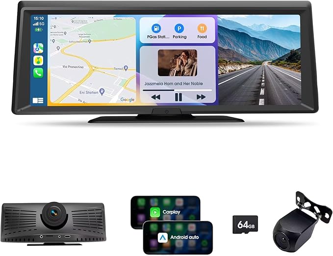 Wireless Portable CarPlay Screen，8.1" Portable Touchscreen Car Stereo with 2K Dash Cam/Carplay & Android Auto，1080P Backup...