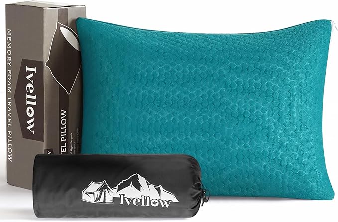 Ivellow Memory Foam Travel Pillow Compressible Camping Pillow for Sleeping Shredded Memory Foam Pillow Compact Firm Suppor...