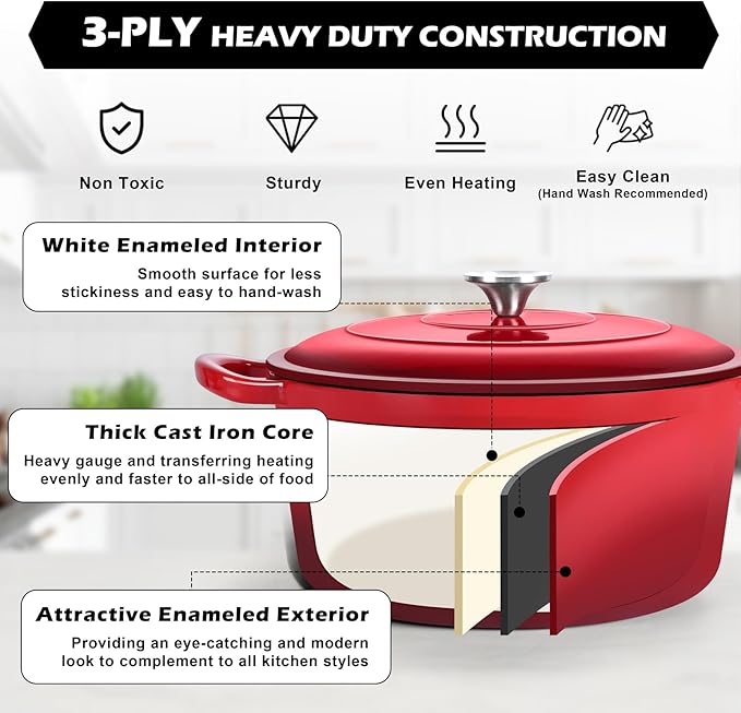 TeamFar 5Qt Dutch Oven, Enameled Cast Iron Dutch Oven with Lid & Dual Handles for Cooking Baking Braising Simmering, Healthy & Sturdy, Oven & Various Stovetops Safe, Non-stick & Easy Clean - Red