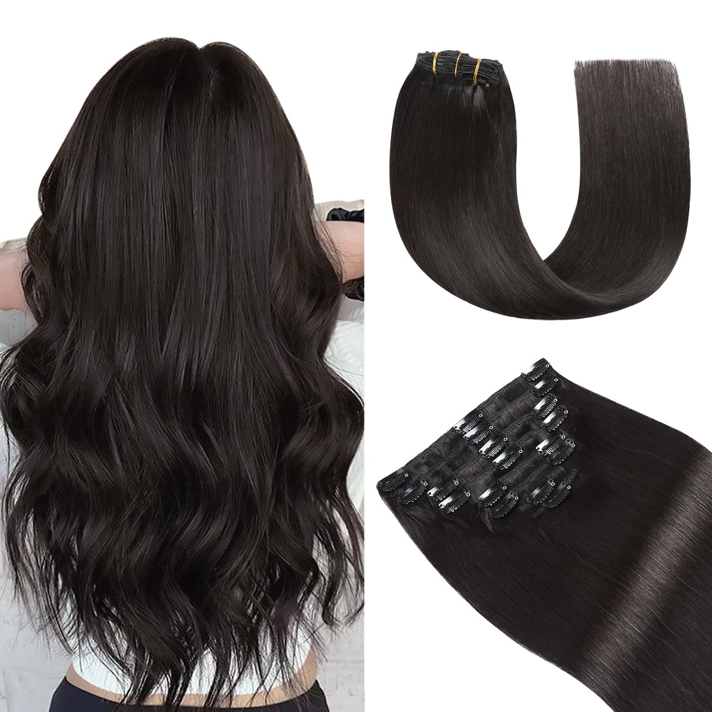 YILITE Clip in Hair Extensions Real Human Hair 8Pcs/Pack 120g Double Weft Invisible Off Black Straight Silky Hair Clip in Human