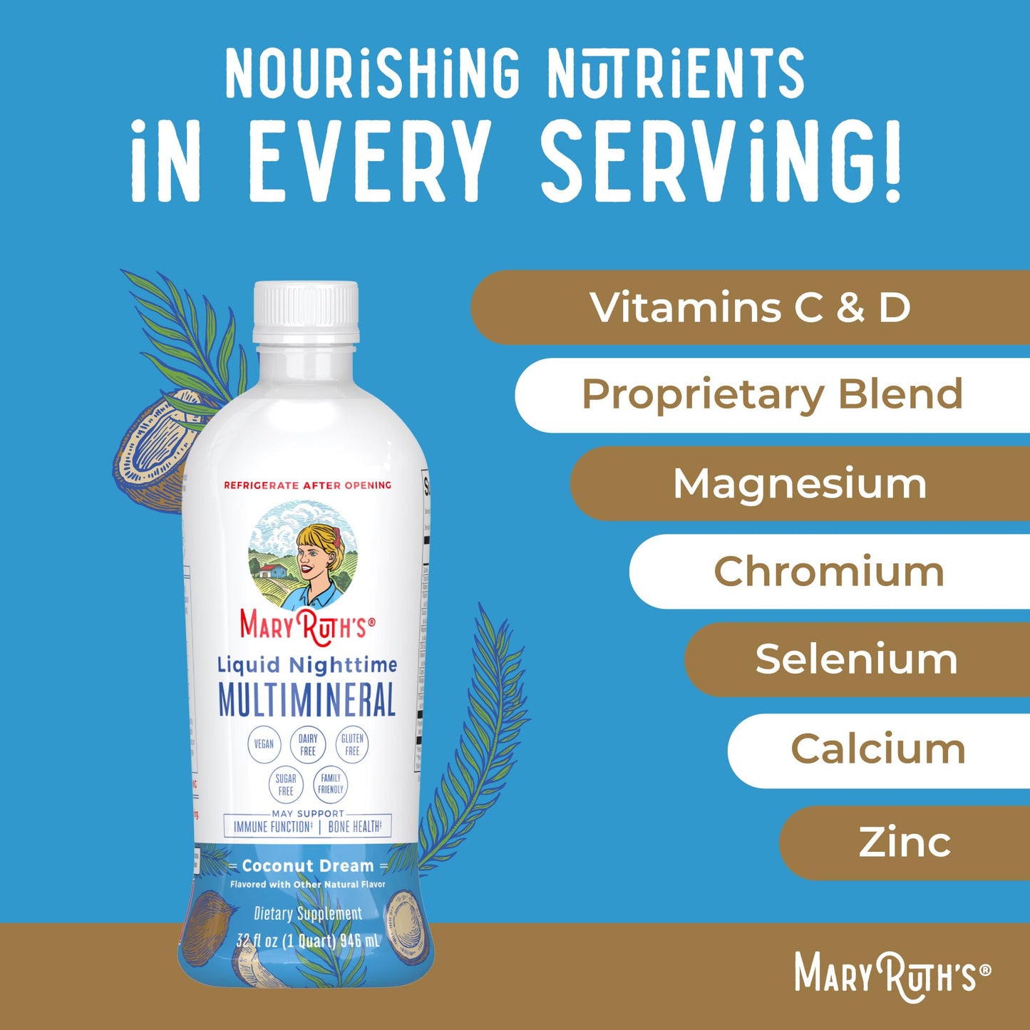 MaryRuth Organics Liquid Nighttime Multimineral | No Melatonin | Bedtime Routine | Magnesium Citrate | Calcium | Zinc | Vitamin D3| Available in 4 Flavors - Vegan | Sugar Free | Gluten Free | 32 Oz