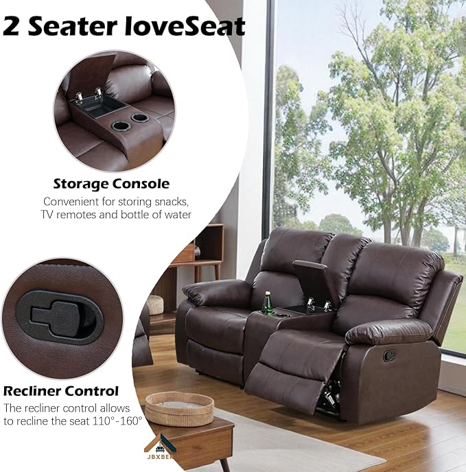 JBXBER Manual Recliner Sofa Set for Living Room, Leather Reclining Sofa Sets, Faux Leather Couch Set with Cup Holders, Drop-Down Table and Storage Console(3 Piece Set,Brown)