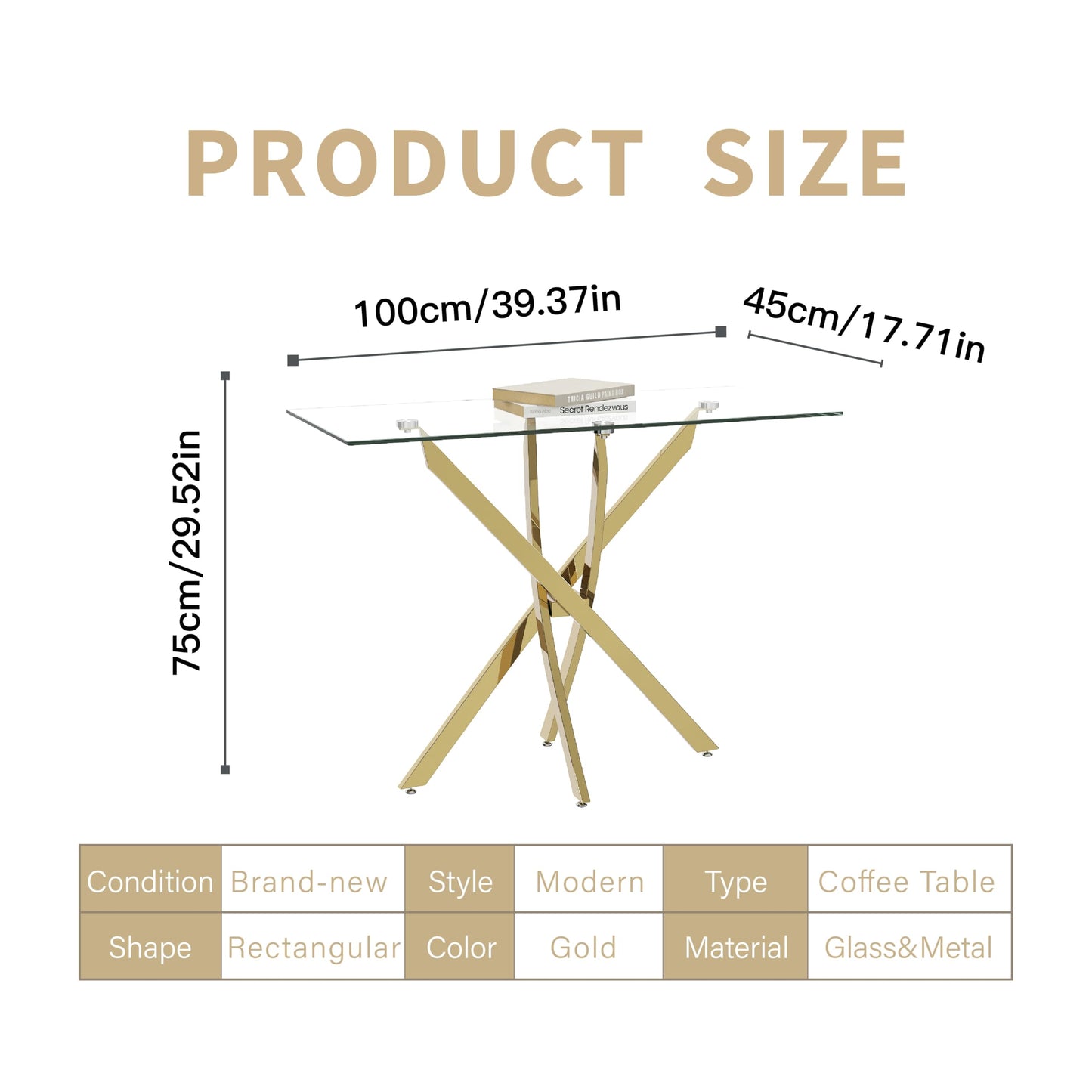NIERN Tempered Glass Console Table with Chromed Legs, Modern Narrow Sofa Table for Hallway Entryway (Gold, 39"x18"x30")