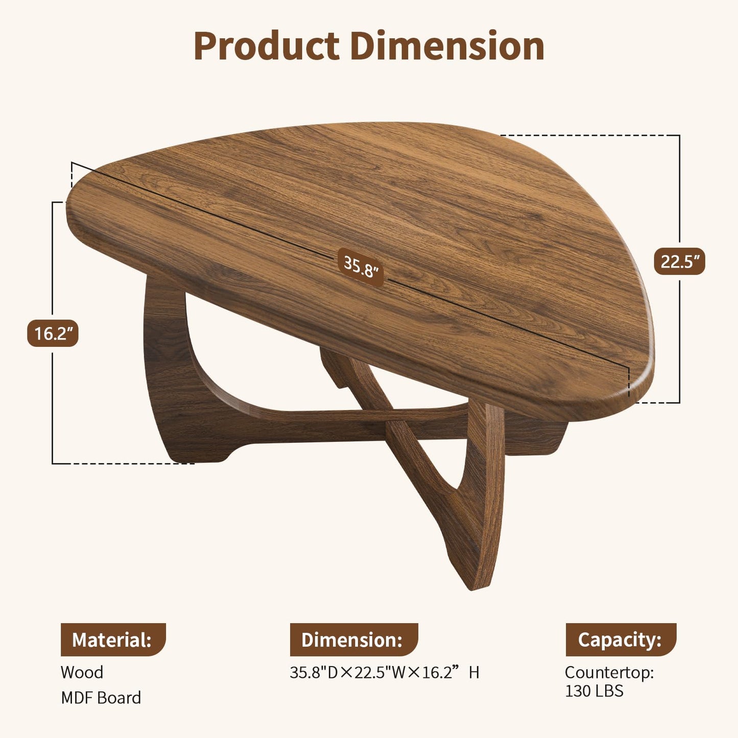 Curlaky Coffee Table for Living Room - Mid Century Modern Coffee Tables with Triangle Top, Unique Small Round Coffee Table, Wood Oval Tea Table with Solid Legs for Bedroom, 35.8"x 22.5" x 16.2" Walnut