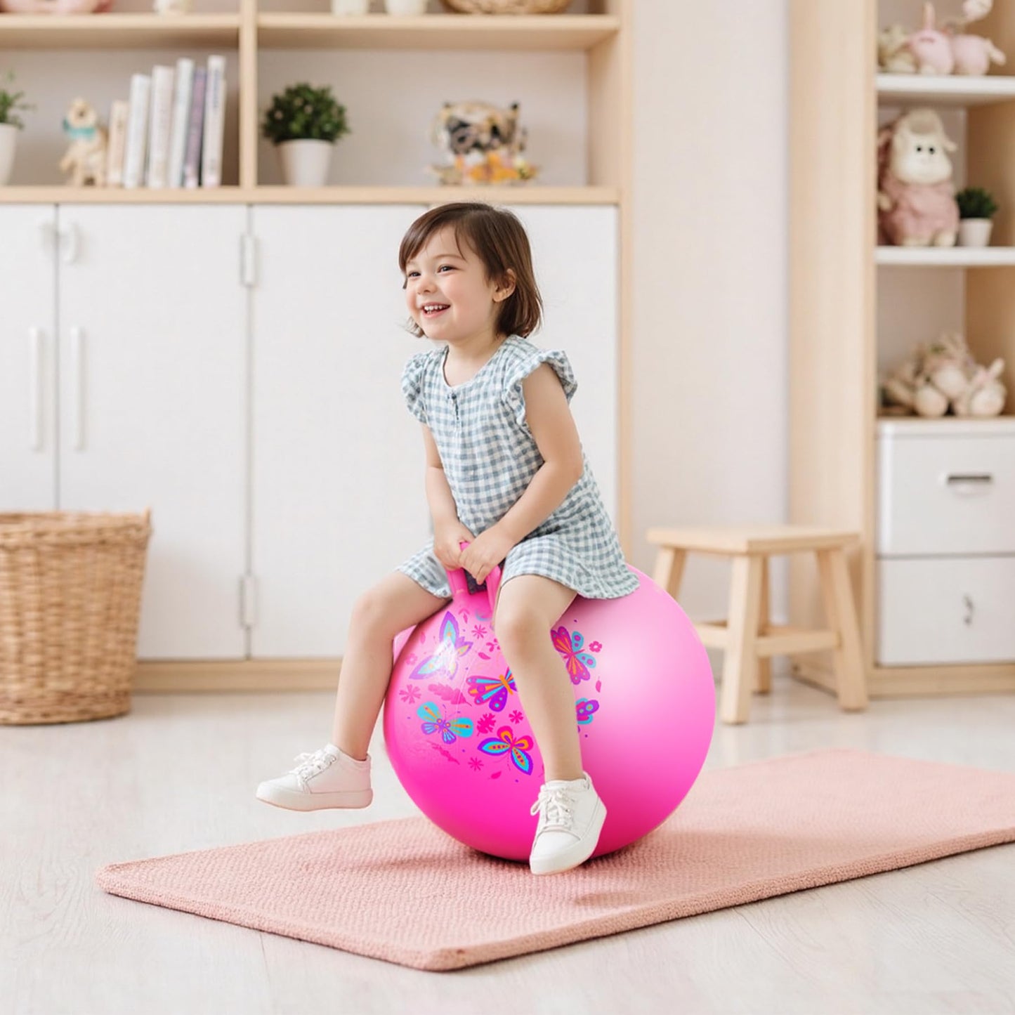 EVERICH TOY Hopper Ball, Pink Butterfly Hopping Toys for Kids, 18 Inch Bouncy Ball with Handle, Indoor Outdoor Inflatable Hoppity Hop Toy for Girls Boys Gift with Pump
