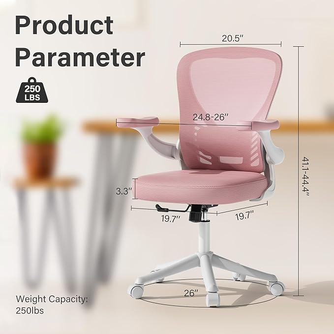 Ollega Computer Desk Chair with Wheels, Mesh Office Chair with Flip Up Arms, Adjustable Lumbar Support, Swivel Desk Chair Comfy, Pink