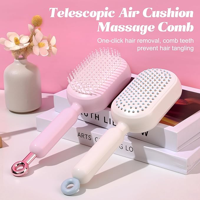 Self Cleaning Hair Brush, Retractable Hair Brush, Massage Comb With Retractable Bristles,Ergonomic Handle Hair Comb,One-pull Clean Anti Static Brushs, Hairs Styling Tools for All Hairs Types (White)
