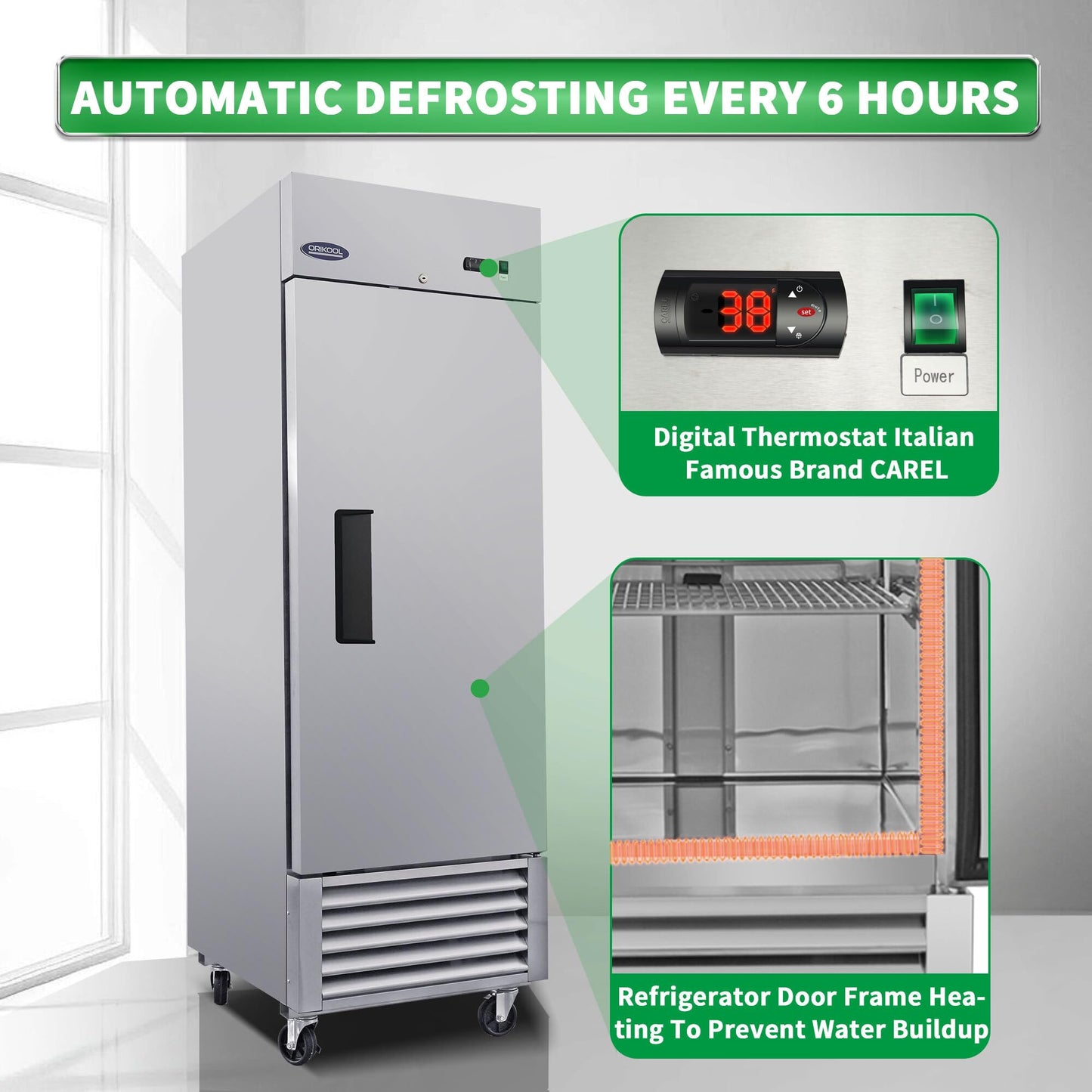 ORIKOOL 27" W Commercial Reach-In Upright Refrigerator - Single Door Stainless Steel Fridge, 23 Cu.ft Capacity, 3 Adjustable Shelves, Auto Defrost, Digital thermostat control, LED Lighting