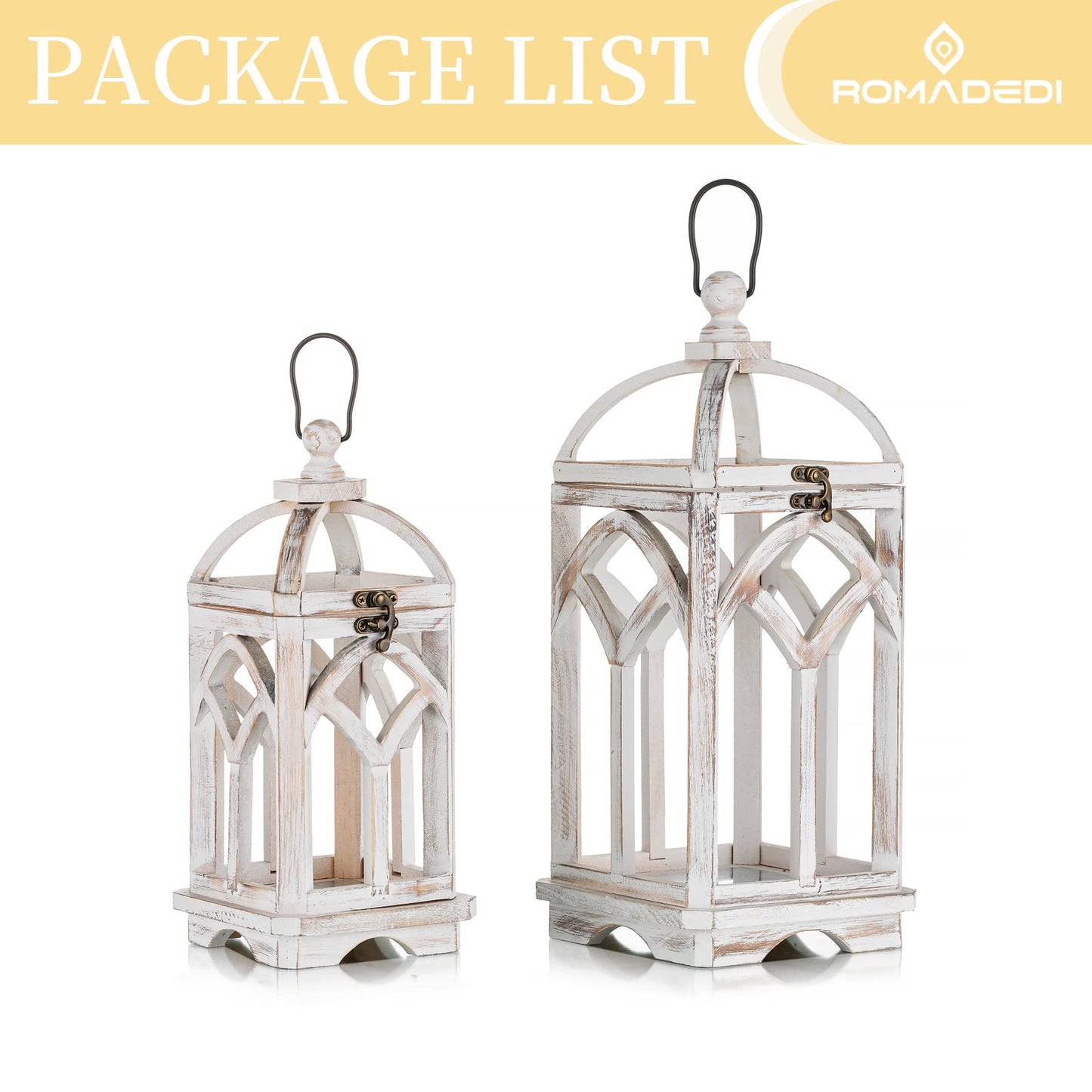 Romadedi Decorative Candle Lantern Wood - Rustic Wooden Lantern for Farmhouse Home Living Room Shelf Patio Table Decoration Christmas Holloween Wedding Party Table Centerpiece, Washedwhite