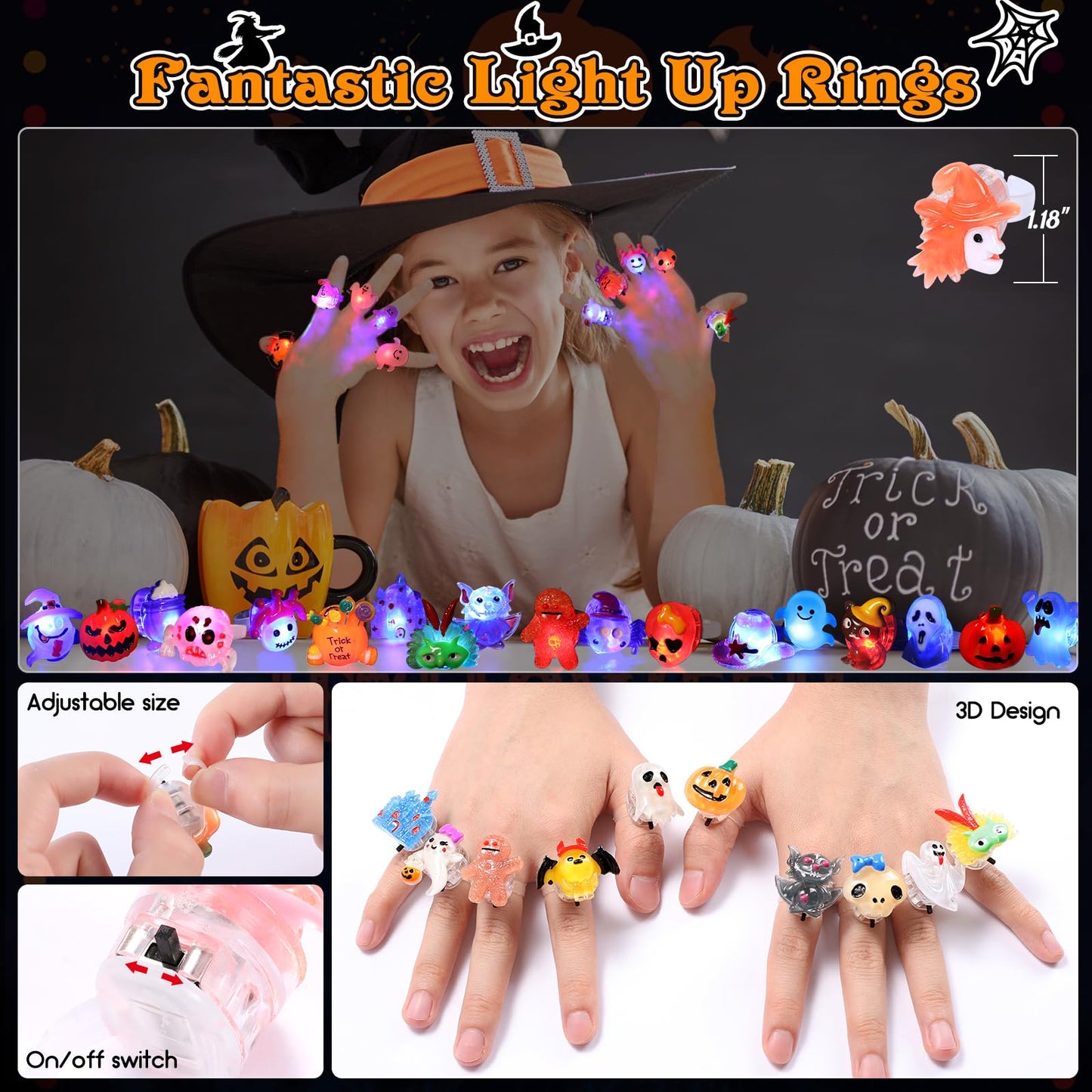 50pcs 3D Halloween Treats Toys Bulk Light Up Rings Gifts Halloween Party Favors for Kids Flashing LED Glow In The Dark Party Supplies Goodie Bag Fillers Stuffers Non Candy Treats Prizes Decorations