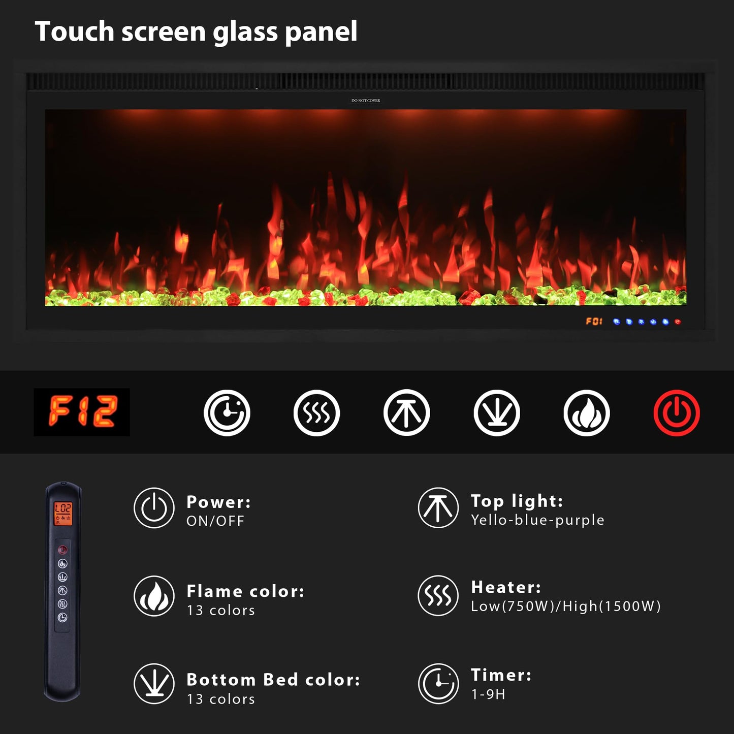 Valuxhome 74” Electric Fireplace Wall Mounted and Recessed, Ultra-Thin Fireplace Insert Indoor, Adjustable Flame and Light, Crysral & Log, 507 Color Combinations, App, Touchscreen and Remote Control