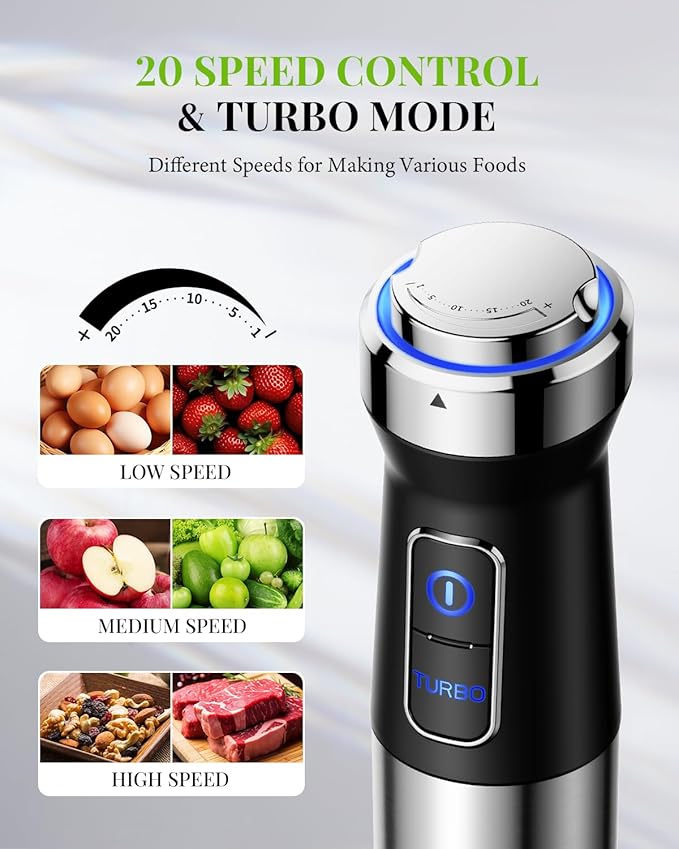 GDOR 7-in-1 Immersion Hand Blender, 1000W Scratch Resistance Handheld Blender with 20-Speed & Turbo Mode, Powerful Hand Mixer with Dough Hooks, Egg Beaters, Whisk, Beaker, Chopper and Titanium Blades