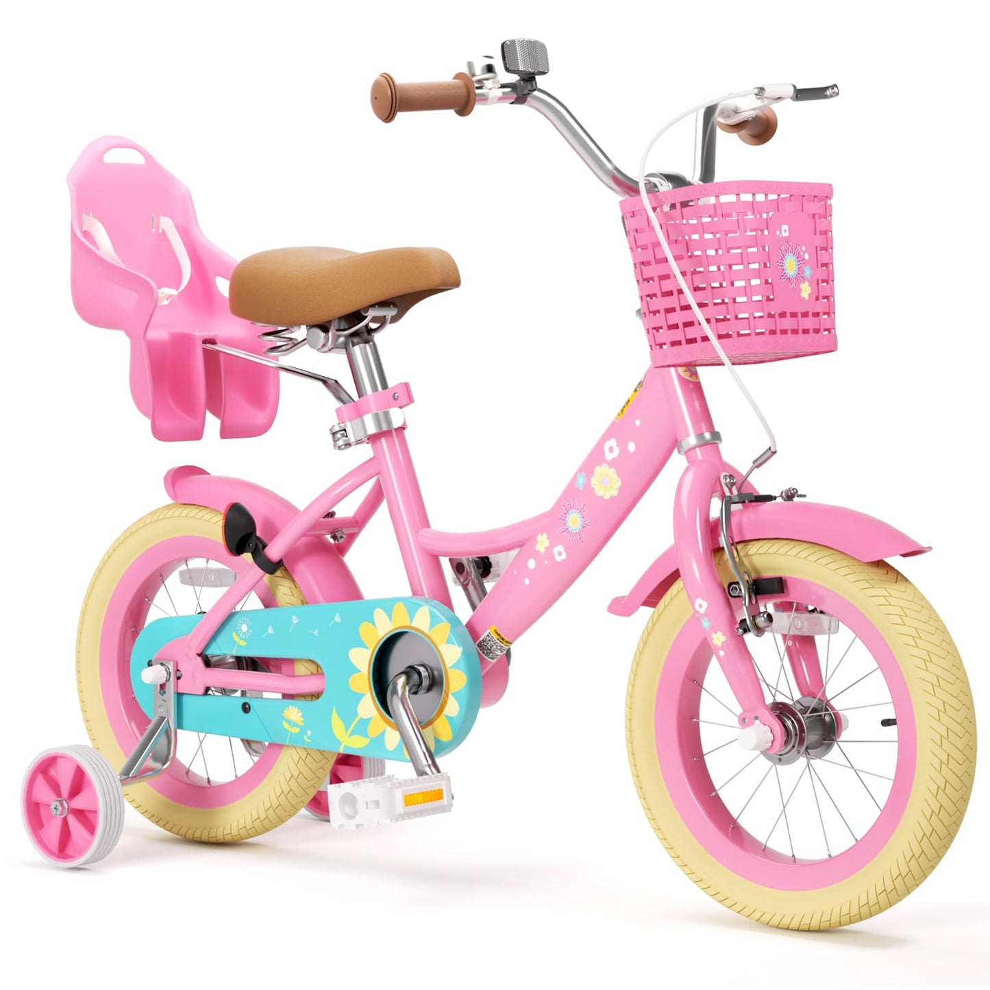 Glaf Toddler Girls Bike for Kids Age 2-12 Years Old 12 14 16 20 Inch Girls Bike with Training Wheels and Doll Seat Kids Bicycle with Basket Adjustable Seat (12 Inch with Training Wheels,Flower Pink)