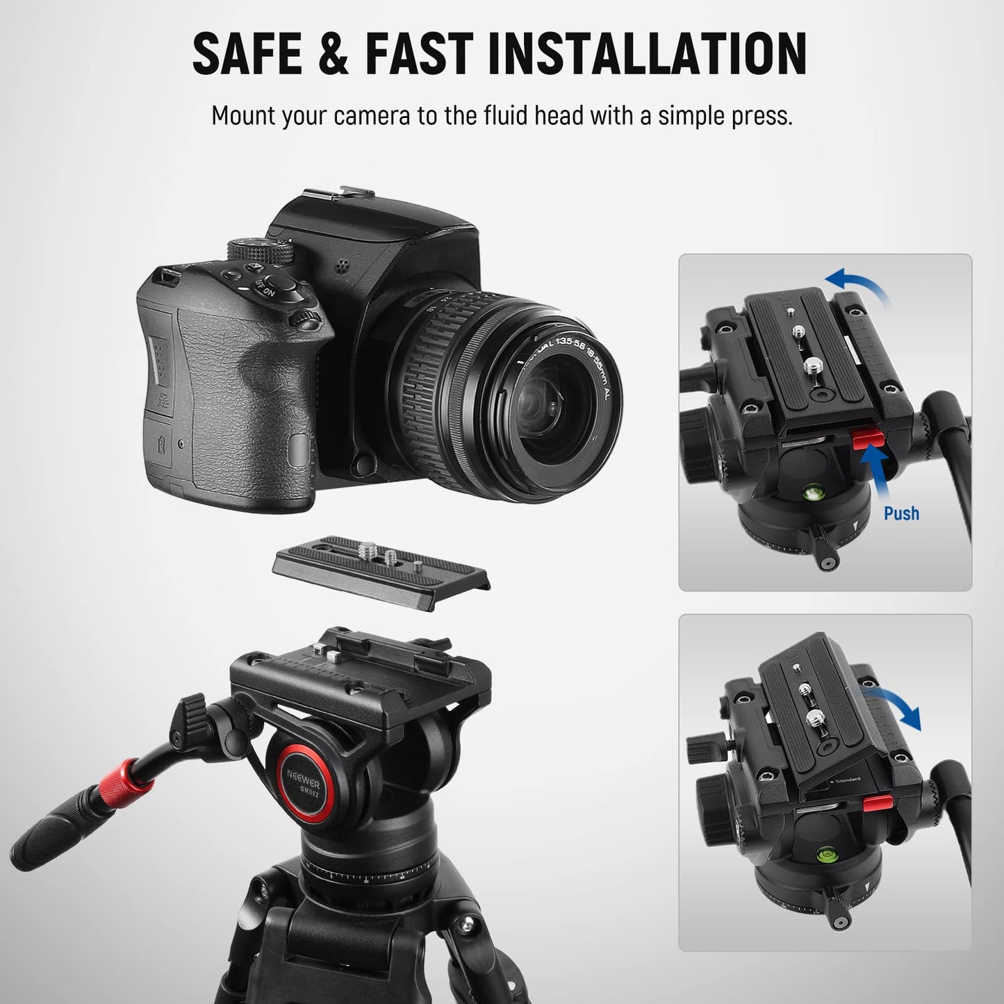 Neewer Video Tripod Fluid Head With Quick Release Plate, Telescopic Handle & Scaled Base (75Mm Dia.) Heavy Duty, Max Load 17.6Lb