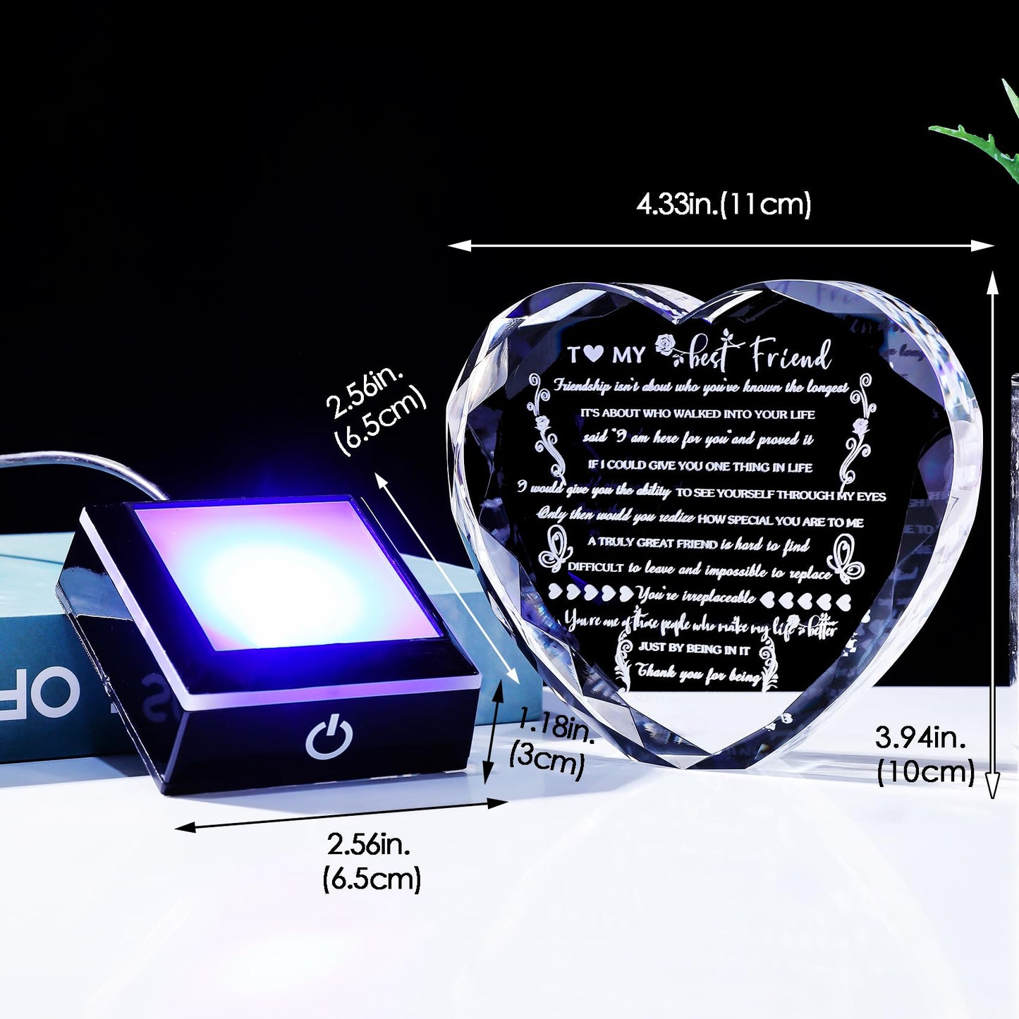 YWHL Birthday Gifts for Best Friend with Colorful LED Base Heart Crystal Friendship Gifts for Women Meaningful Bestie Gifts Mothers Day BFF Gift Idea for Her Female Friend