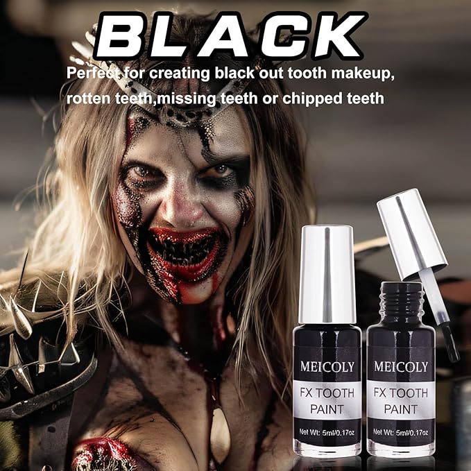 MEICOLY Black Tooth Paint,Black Out Tooth,Tooth Blackout,Rotten Decayed Cruddy Missing Teeth Makeup,Professional Cosplay Teeth,Temporary Teeth Paint for Halloween SFX Special Effects Makeup,Dry Fast
