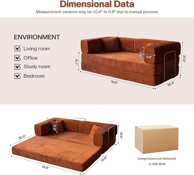 Kelyda 79 Inch Convertible Sofa Bed Couch in Box, 5 in 1 Folding Modular Boneless Couch with Pull Out Bed 2 Pillows, Soft Corduroy Floor Futon Lounge Loveseat Sleeper Lazy Cama No Assembly Orange