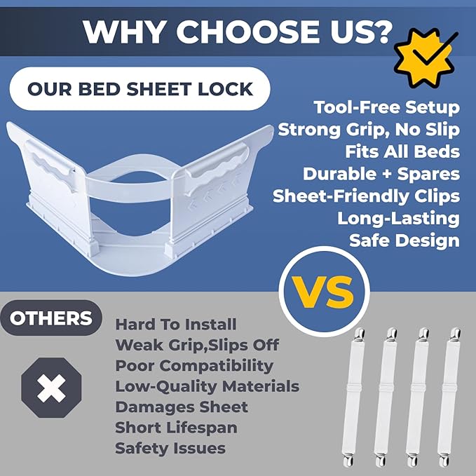 Bed Sheet Holder Set – 4 Corner Fasteners with Adjustable Straps + 2 Extra Straps – Universal Fit for All Mattress Sizes – Durable Anti-Slip Design Keeps Sheets Tight & Smooth Bedding Grip