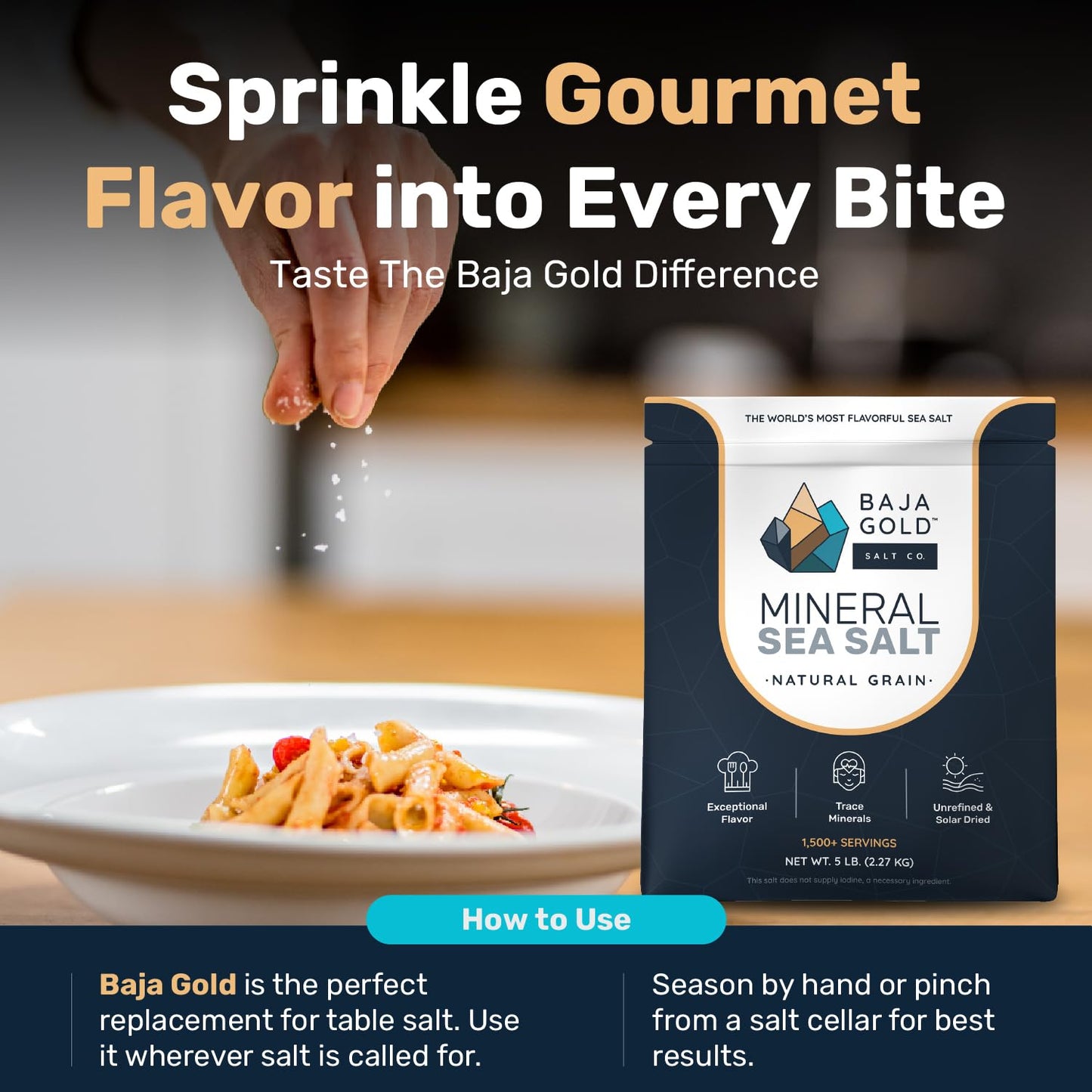 Baja Gold Mineral Sea Salt - Recommended by Gary Brecka - Organic Natural Grain Salt for Cooking & Baking | Low Sodium, Authentic Baja Salt | Ideal for All Culinary Creations | 5 lb. Resealable Bag, 1,500+ Servings