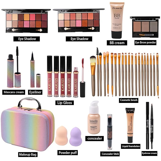 makeup sets for women,Professional Makeup Kit with Eyeshadow Palette,Brushes Set, Foundation, Lip Gloss, Travel Bag, Complete Beauty Set (Colorful bag)
