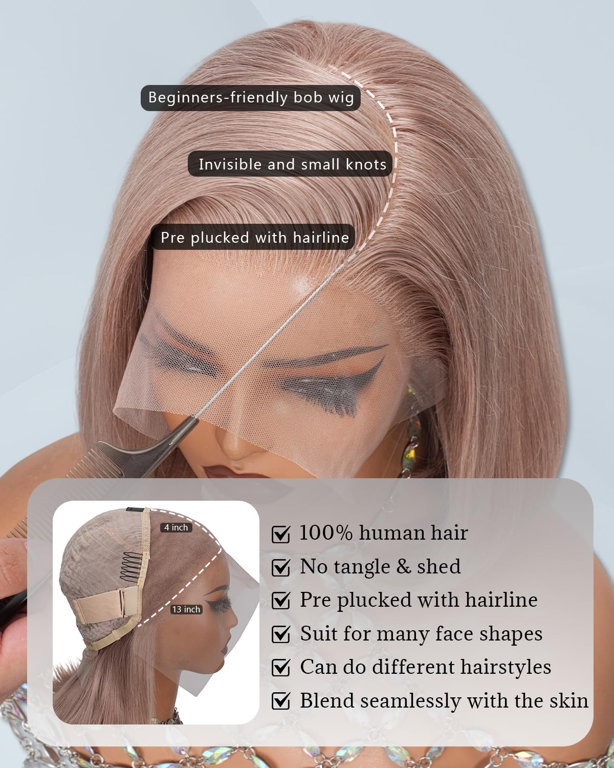 Geomone 16 Inch Ash Blonde Bob Wig Human Hair 13x4 Straight Transparent Lace Frontal Wigs 180 Density Colored Bob Wig Pre Plucke