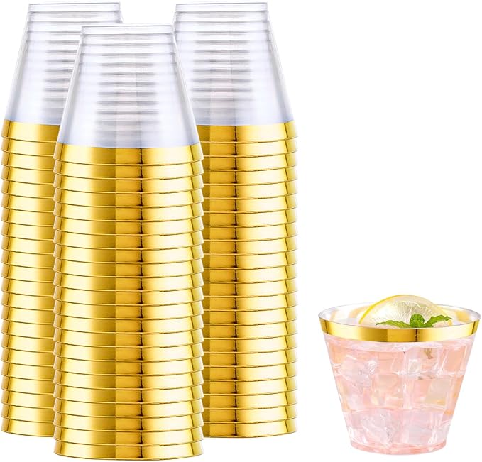WELLIFE 200 PCS Gold Plastic Cups,9 oz Clear Plastic Cups,Disposable Wine Glasses,Plastic Cocktail Glasses for Party and W...