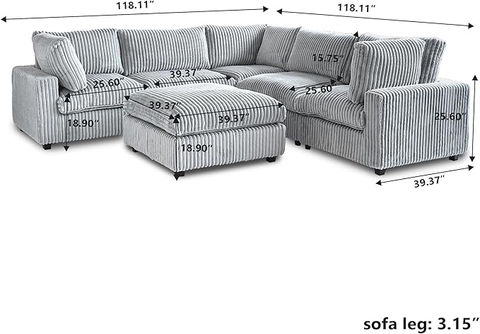 Modular Sectional Sofa/ 118inch Cloud Couches with Ottoman for Living Room/Soft Faux Rabbit Fur V Shaped Couch with Chaise,6 Seater Wide Convertible Sofa,Covers Washable&Replaceable,Grey