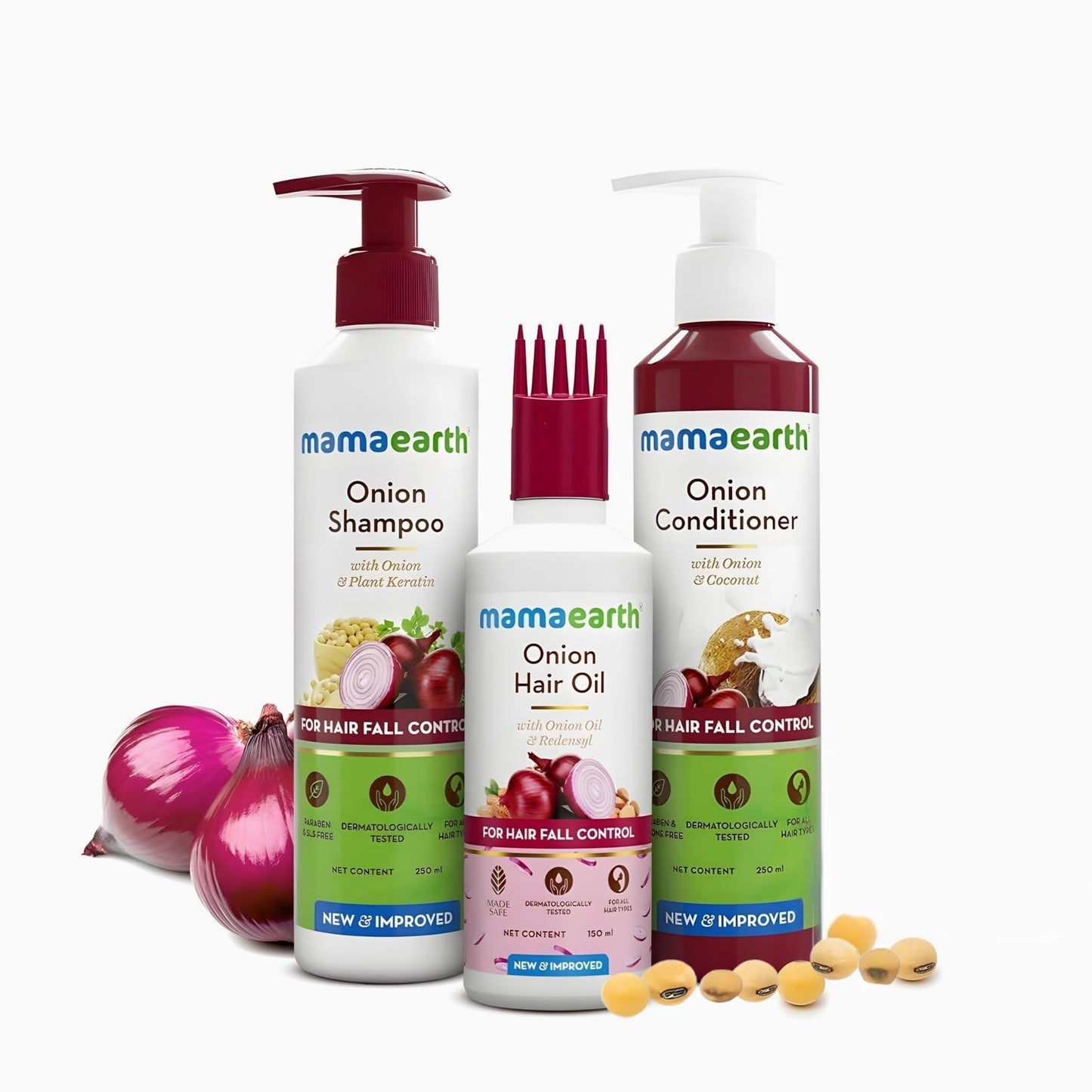 Mamaearth Onion Hair Care Kit - Hair Fall Control with 150ml Onion Oil & Shampoo + Conditioner (250ml Each) | Anti Hair Loss & G
