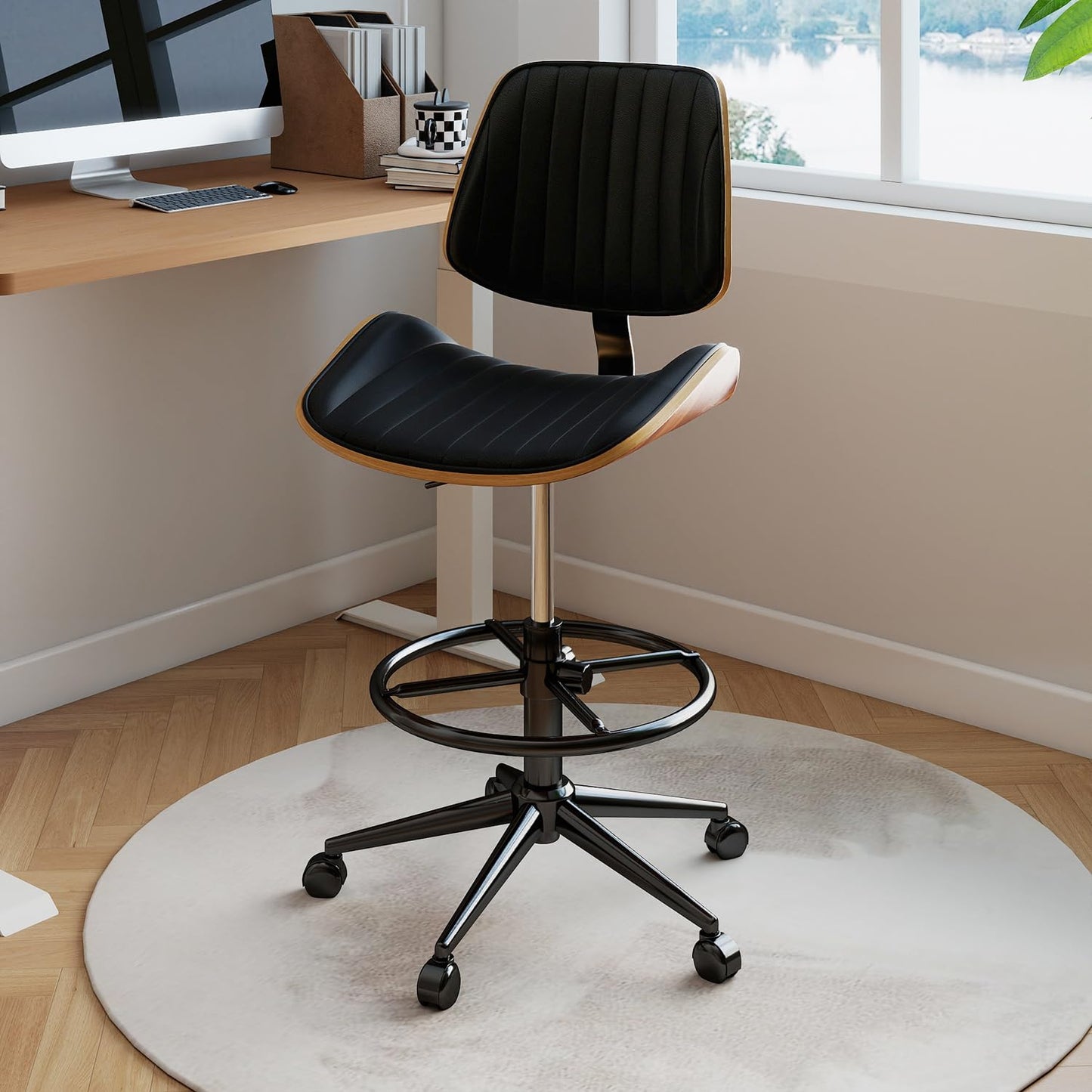 Rongbuk Drafting Chair, Ergonomic Office Chair with Walnut Wood Back Support, Armless PU Leather Desk Chair with Height-Adjustable, Thick Cushion for Home, Bar, Drafting, Office (Black)