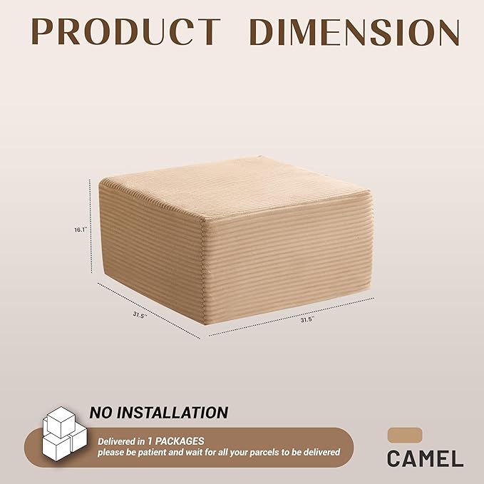 Afuson Cozy Square Ottoman, Comfortable Seating, No Assembly Required, Camel