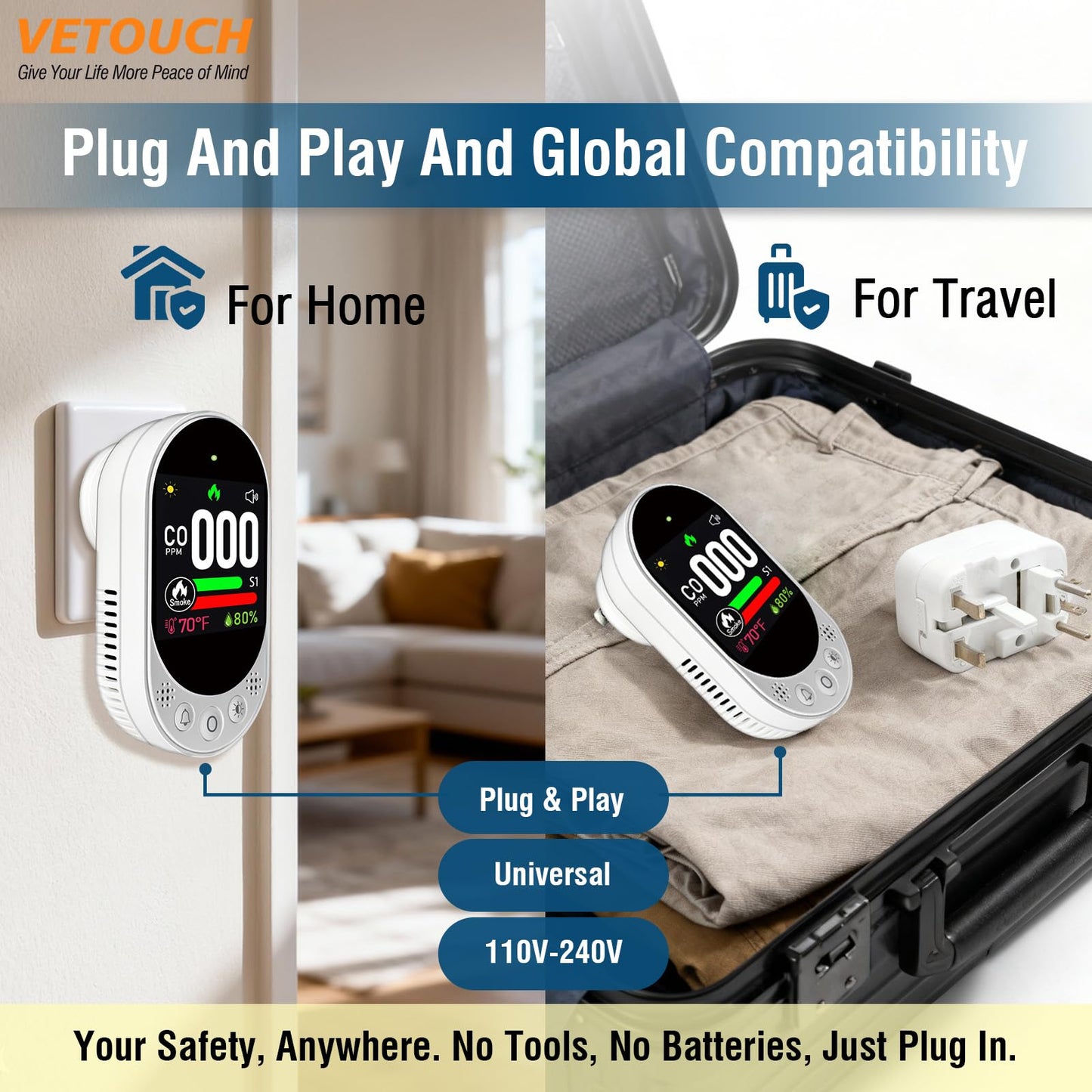 VETOUCH 4-in-1 Plug-in Smoke & Carbon Monoxide Alarms with Digital Display Monitors CO, Smoke, Temperature, Humidity, 85dB Loud Alarm, Self-Test, Adjustable Sensitivity, for Home, Kitchen, RV