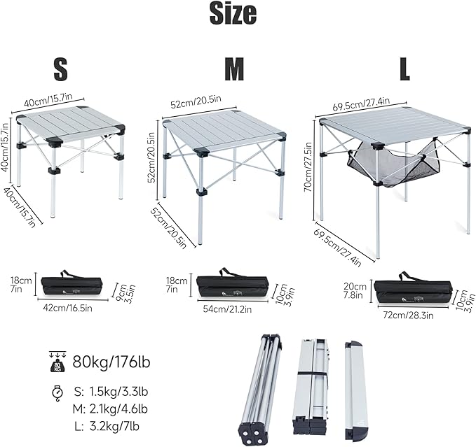 iClimb Lightweight Stable Alu. Folding Square Table Roll Up Top with Carry Bag for Camping Picnic Backyards BBQ Camp Kitchen (Nature, L)