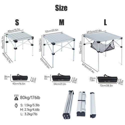 iClimb Lightweight Stable Alu. Folding Square Table Roll Up Top with Carry Bag for Camping Picnic Backyards BBQ Camp Kitchen (Black, L)