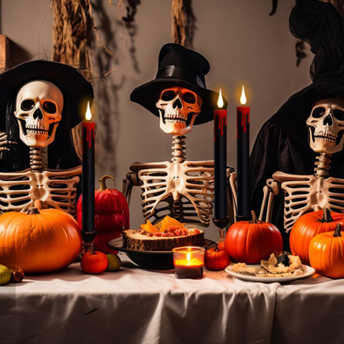 KunSwenn Halloween Black Flameless Taper Candles with Remote Timer, 4 Pcs Red Drip Wax LED Candlesticks with 3D Flickering Flame for Home Fall Indoor Halloween Decor(0.78 x 8.9 Inches)