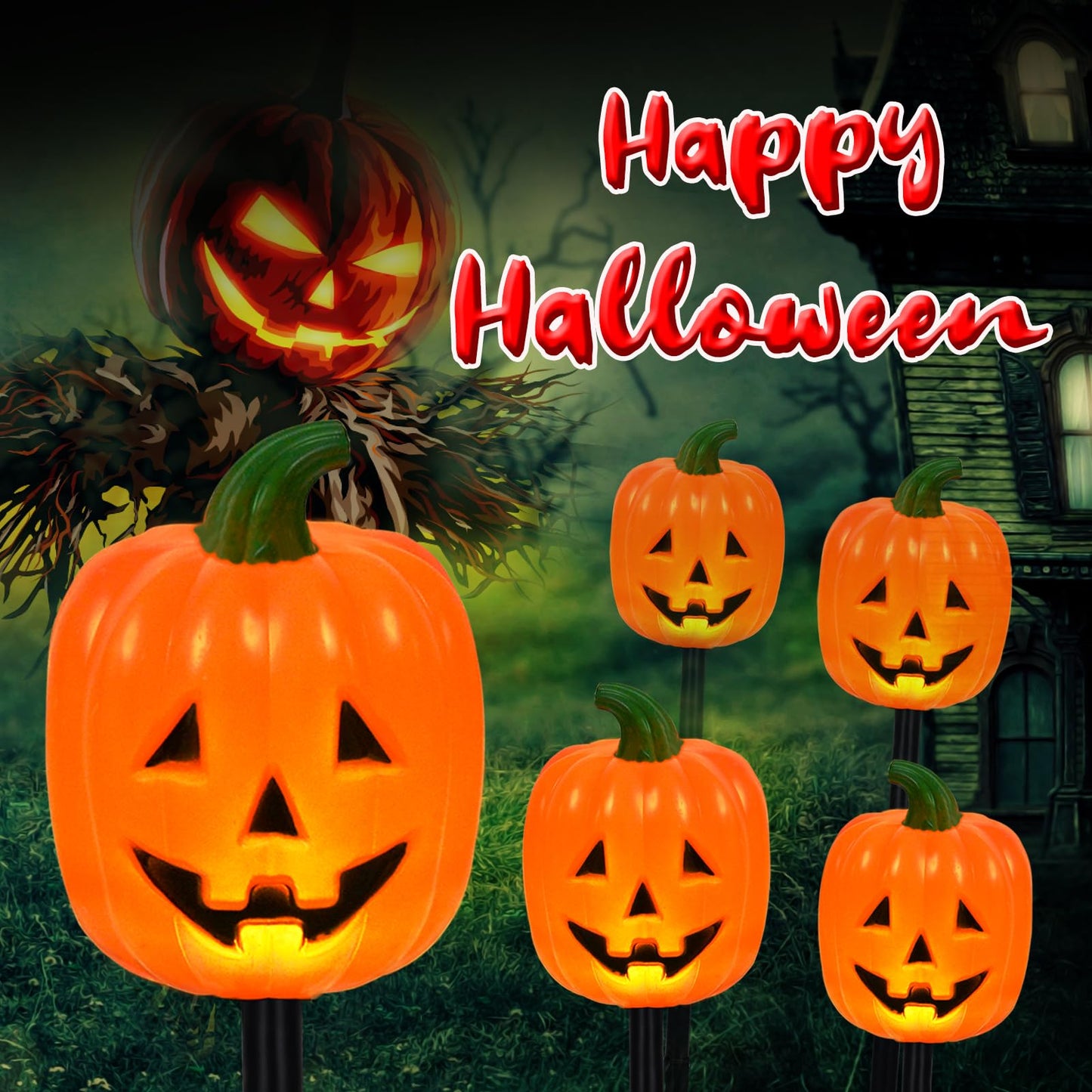 Halloween Pumpkin Stake Lights, Set of 10 Decorative Solar Pumpkin Lights, Waterproof Halloween Decorations for Outdoor Garden and Yard (Pumpkin)